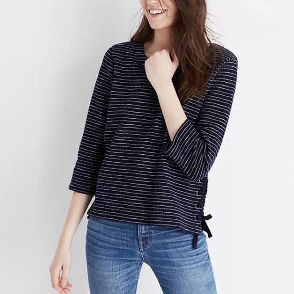 Madewell Top Size S Striped Side Lace Up Boxy Fit 3/4 Sleeve Shirt Blue Cotton